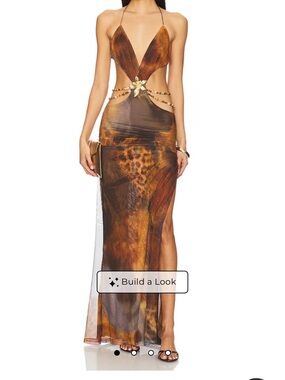Jaded London Brown Leopard-Print Mesh Maxi Dress